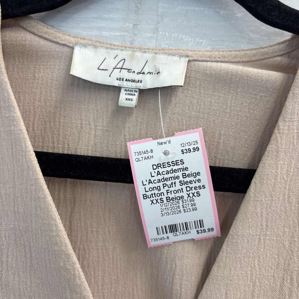L'Academie Beige Long Puff Sleeve Button Front Dress XXS