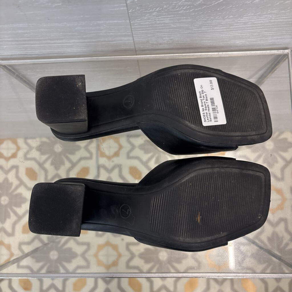 Black Leather Square Toe Slip On Sandal Heels 7