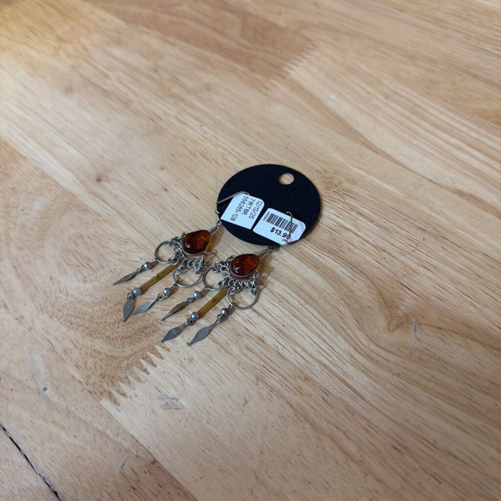 Silver/ Amber Stone Dangle Statement Earrings