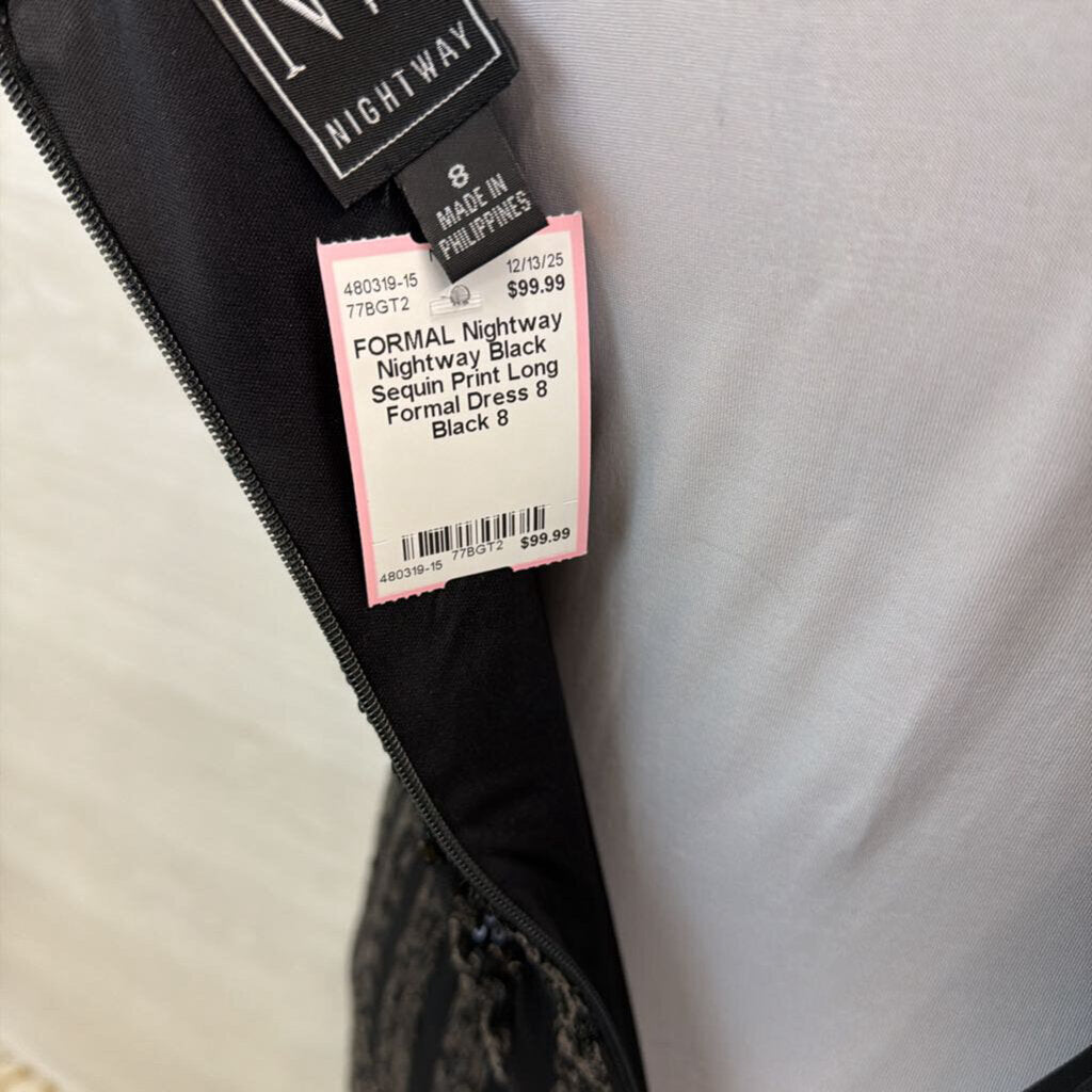 Nightway Black Sequin Print Long Formal Dress 8