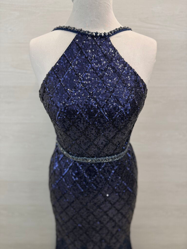 Jovani Navy Sequin High Neck Sheer Hem Long Formal Dress 6  newdsalem