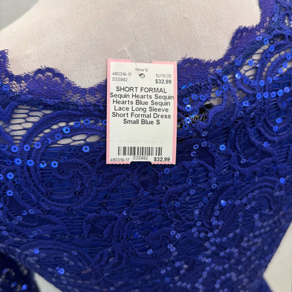 Sequin Hearts Blue Sequin Lace Long Sleeve Short Formal Dress Small