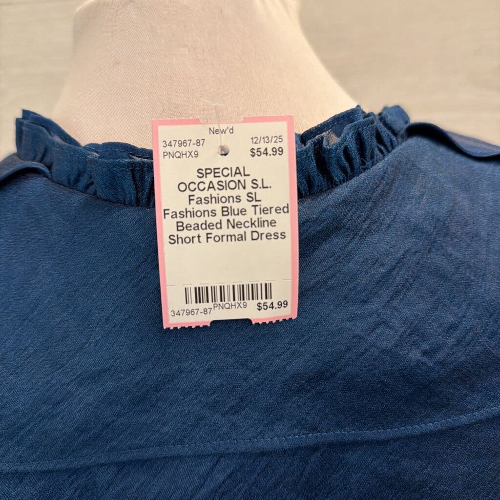 SL Fashions Blue Tiered Beaded Neckline Short Formal Dress 4 Petite