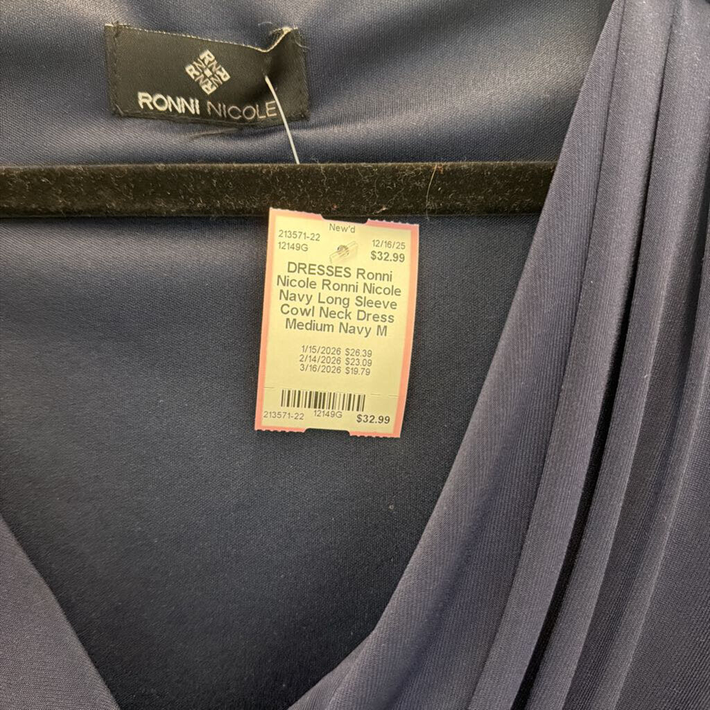 Ronni Nicole Navy Long Sleeve Cowl Neck Dress Medium