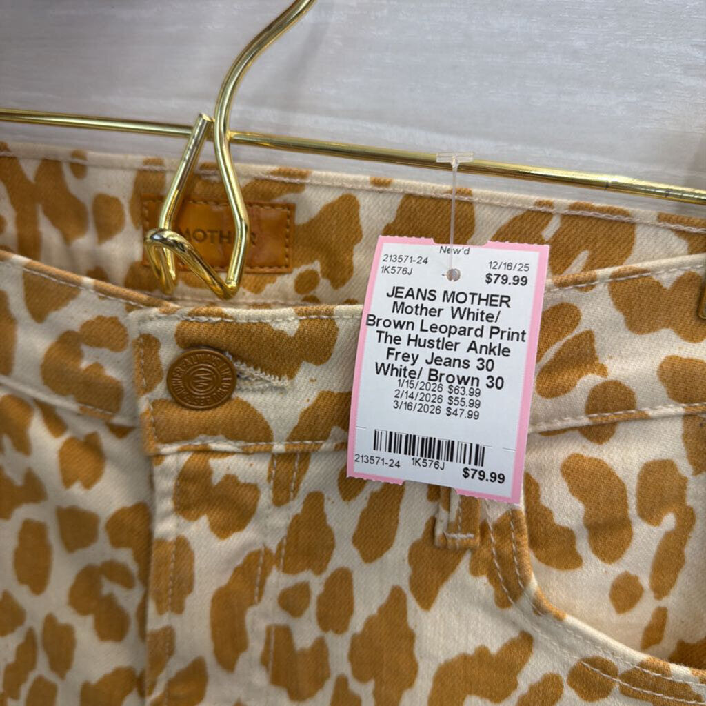 Mother White/ Brown Leopard Print The Hustler Ankle Frey Jeans 30