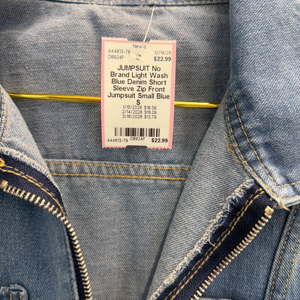 Light Wash Blue Denim Short Sleeve Zip Front Jumpsuit Small