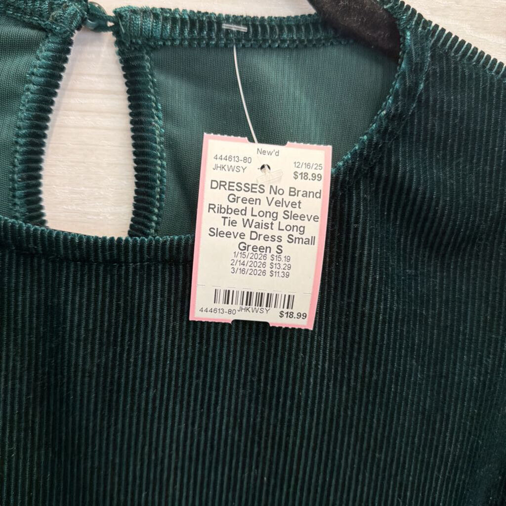 Green Velvet Ribbed Long Sleeve Tie Waist Long Sleeve Dress Small