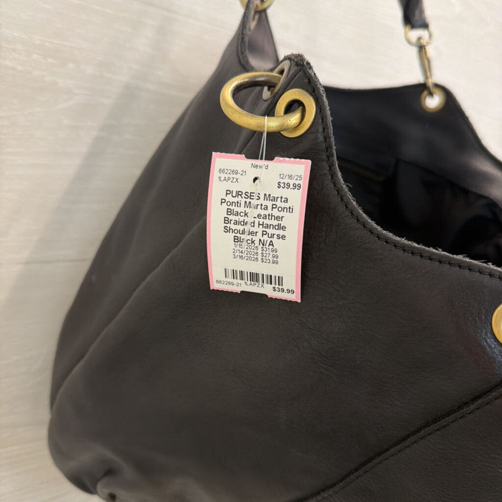 Marta Ponti Black Leather Braided Handle Shoulder Purse