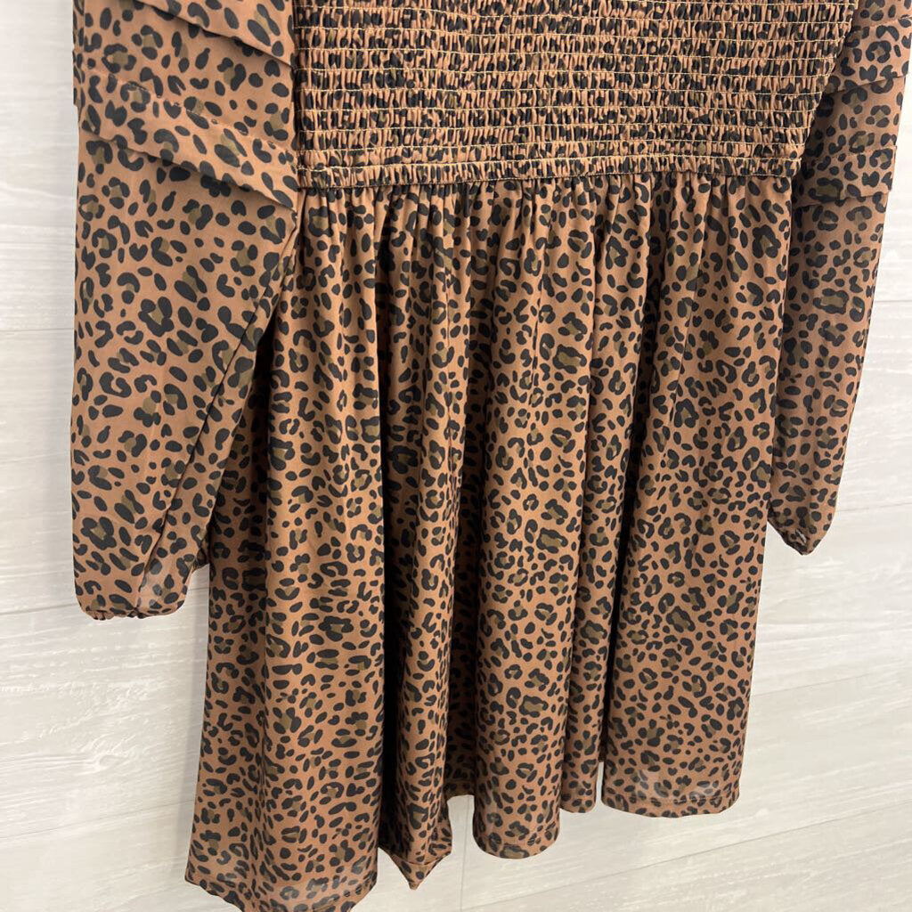 American Eagle Brown/ Black Leopard Print Smocked Top Long Sleeve Dress Medium