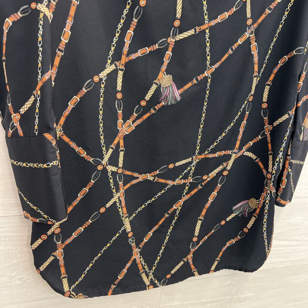 CBRL Black/ Multi Belt Chain Print Long Sleeve Button Down Top Medium
