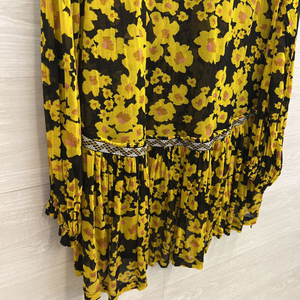 Free People Black/ Yellow Floral Print Sheer Mesh Long Sleeve Tunic Top Extra Small
