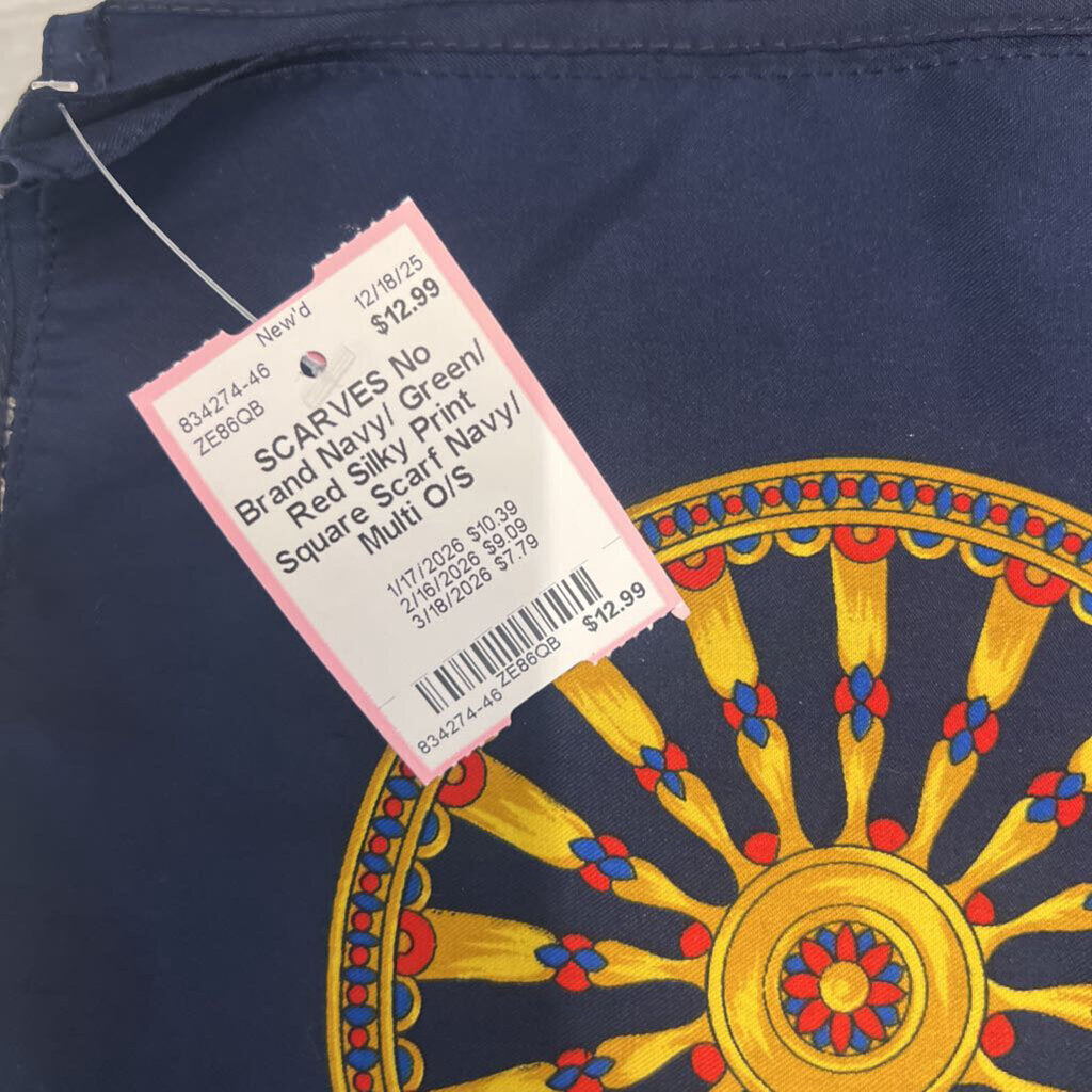 Navy/ Green/ Red Silky Print Square Scarf