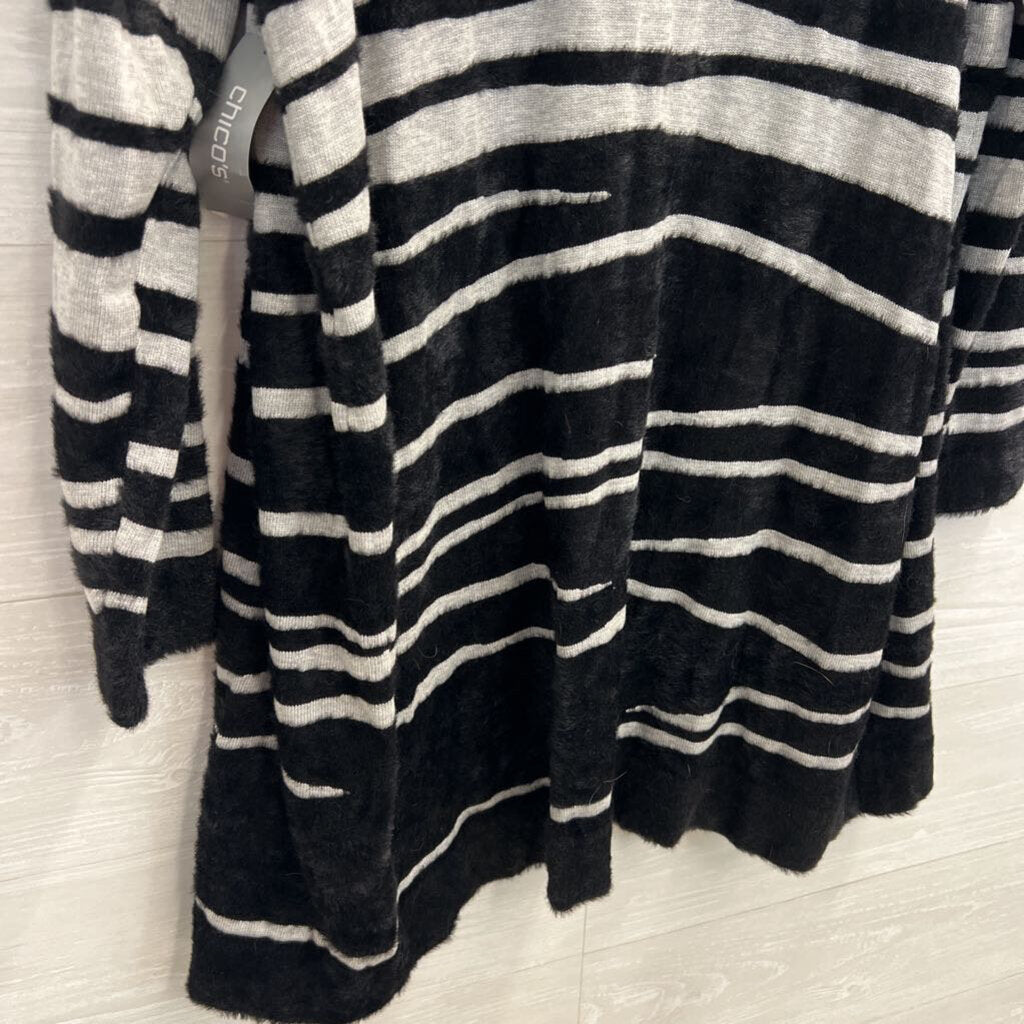 Chicos Grey/ Black Fuzzy Soft Stripe Print Long Open Front Cardigan Large