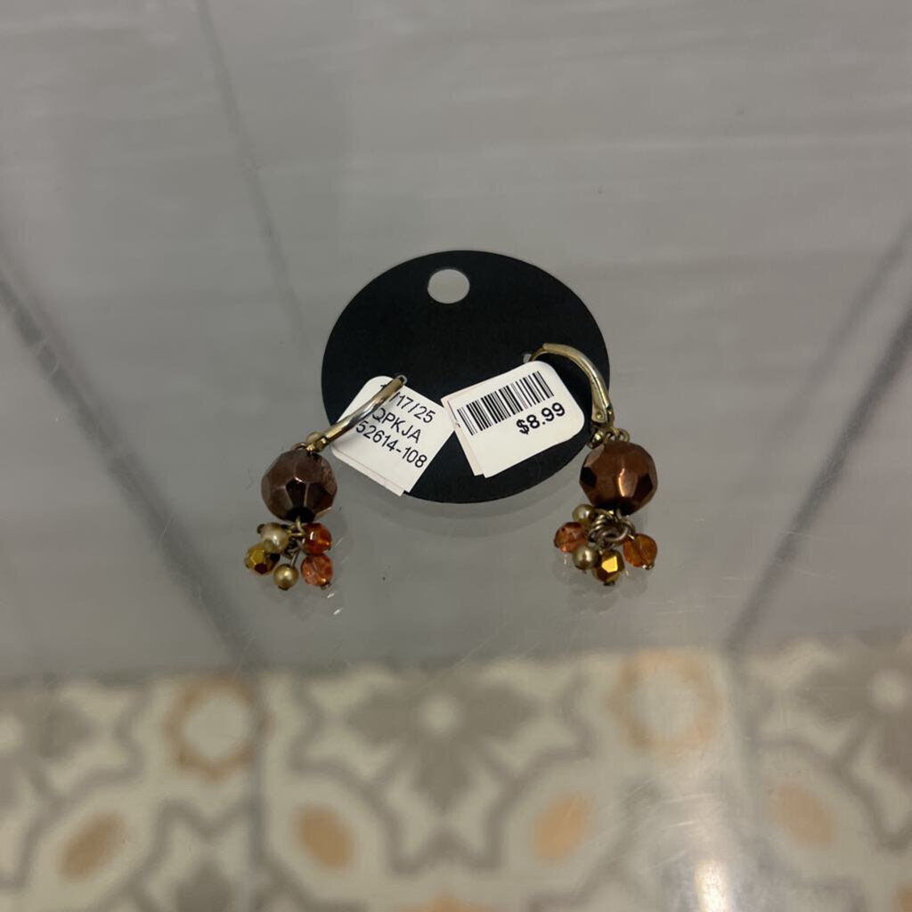 Gold/ Brown Beaded Cluster Drop Earrings