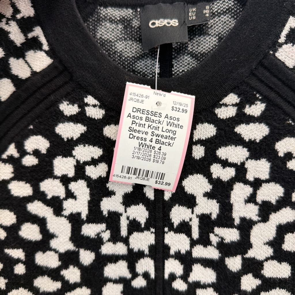 Asos Black/ White Print Knit Long Sleeve Sweater Dress 4