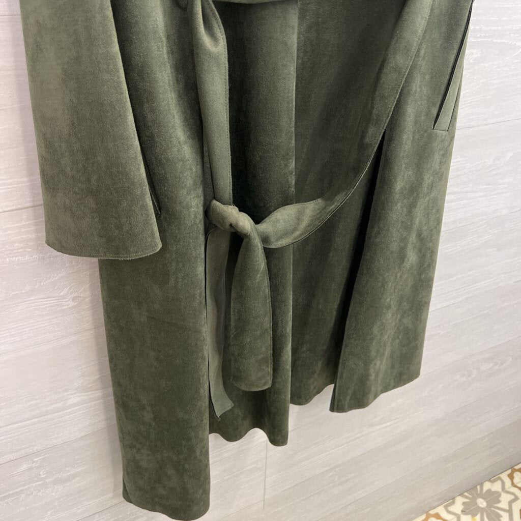 Luxe Green Suede Open Front Long Tie Waist Jacket Medium