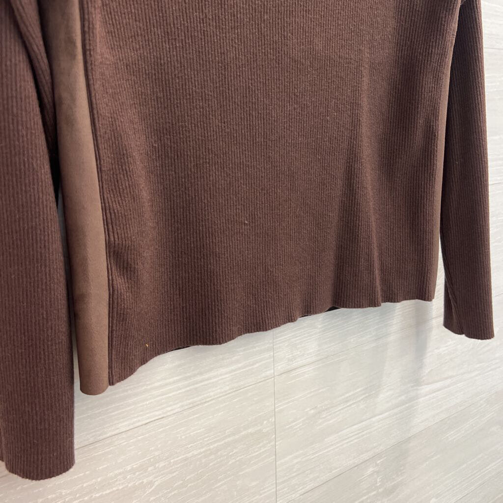 Brown Ribbed Long Sleeve Suede Front Top Medium