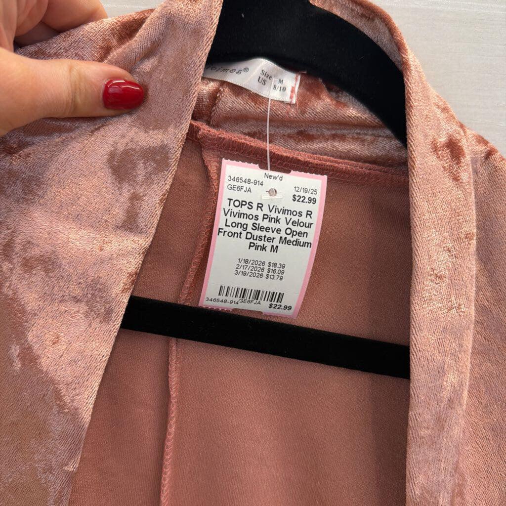 R Vivimos Pink Velour Long Sleeve Open Front Duster Medium