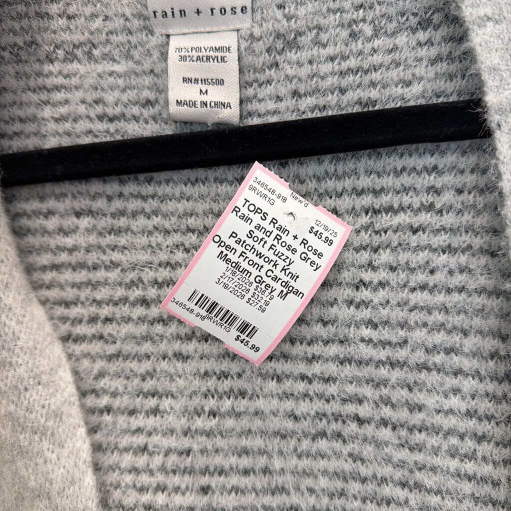 Rain and Rose Grey Soft Fuzzy Patchwork Knit Open Front Cardigan Medium
