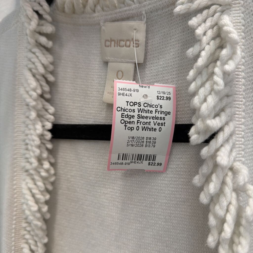 Chicos White Fringe Edge Sleeveless Open Front Vest Top 0