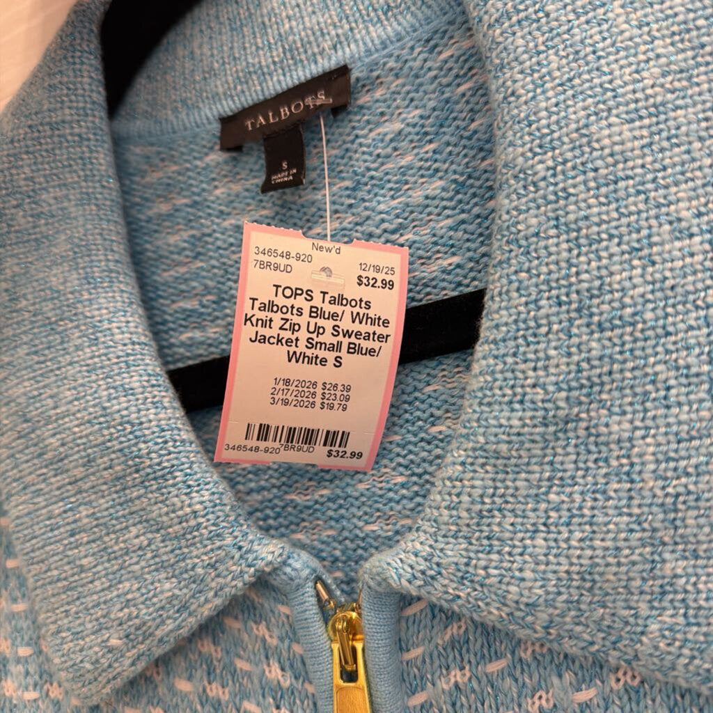 Talbots Blue/ White Knit Zip Up Sweater Jacket Small