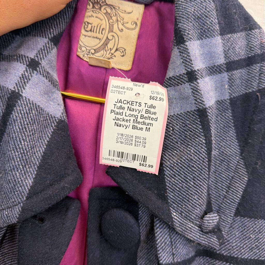 Tulle Navy/ Blue Plaid Long Belted Jacket Medium