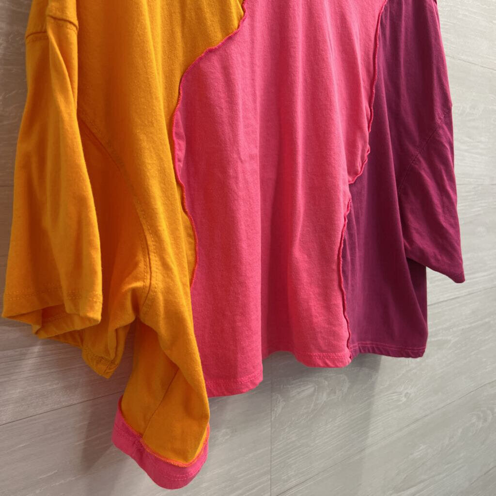 Pink/ Orange Color Block Cropped Short Sleeve Top Extra Large