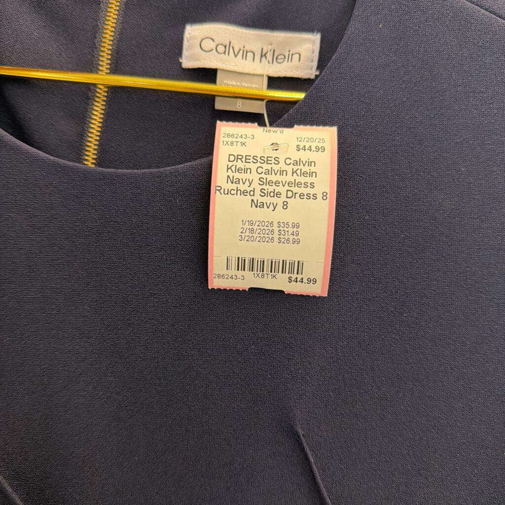 Calvin Klein Navy Sleeveless Ruched Side Dress 8