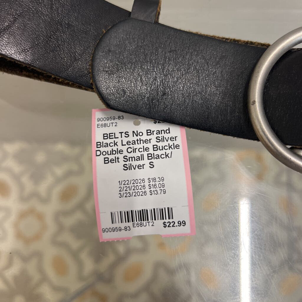 Black Leather Silver Double Circle Buckle Belt Small