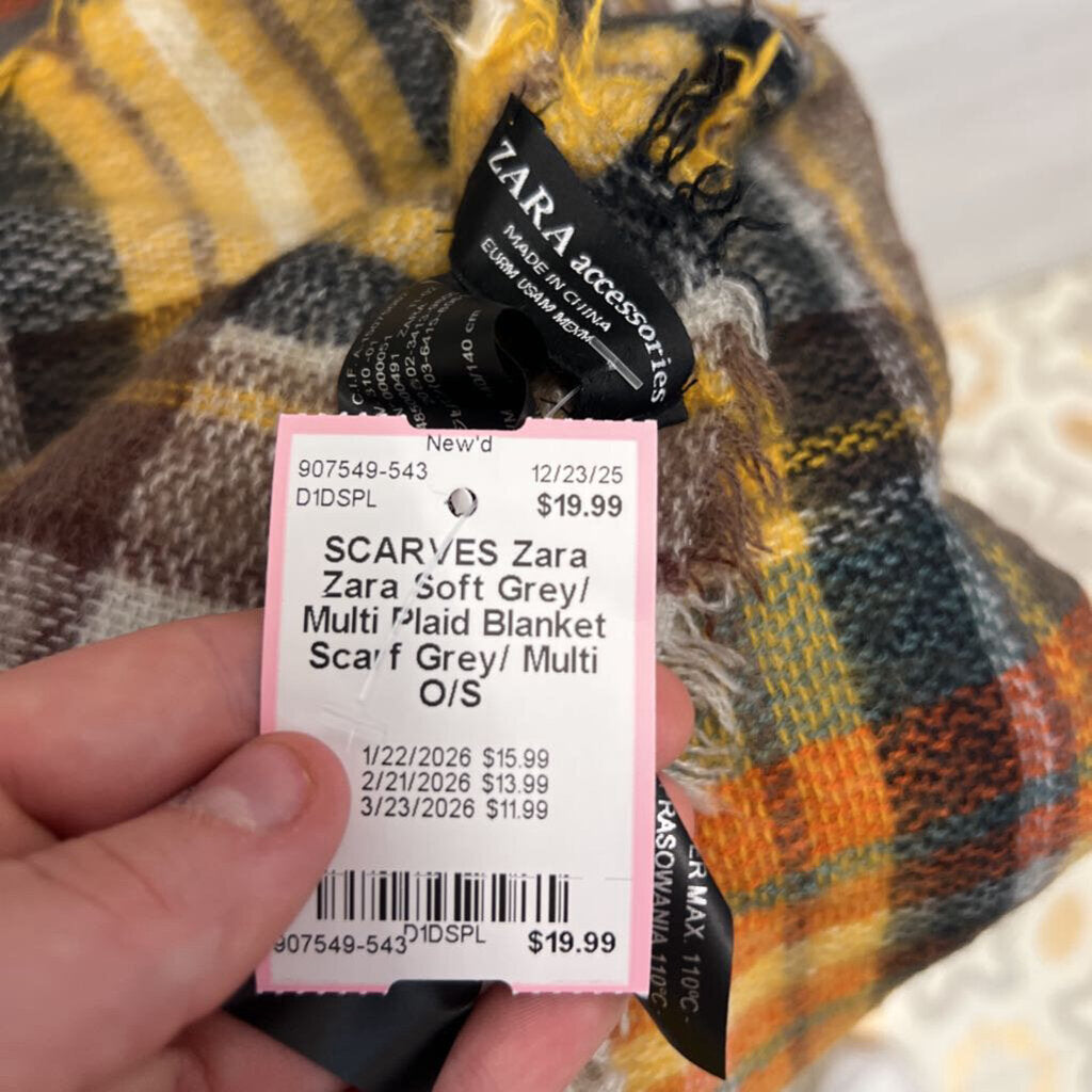 Zara Soft Grey/ Multi Plaid Blanket Scarf