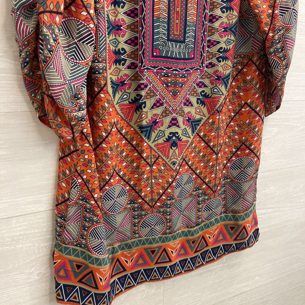 Tolani Orange/ Multi Print Long Sleeve Tunic 100% Silk Top Medium