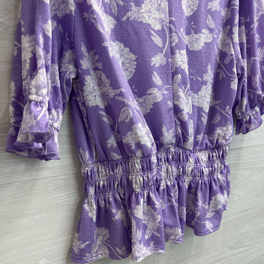 Melloday Purple/ White Floral Print Long Sleeve Top Extra Large