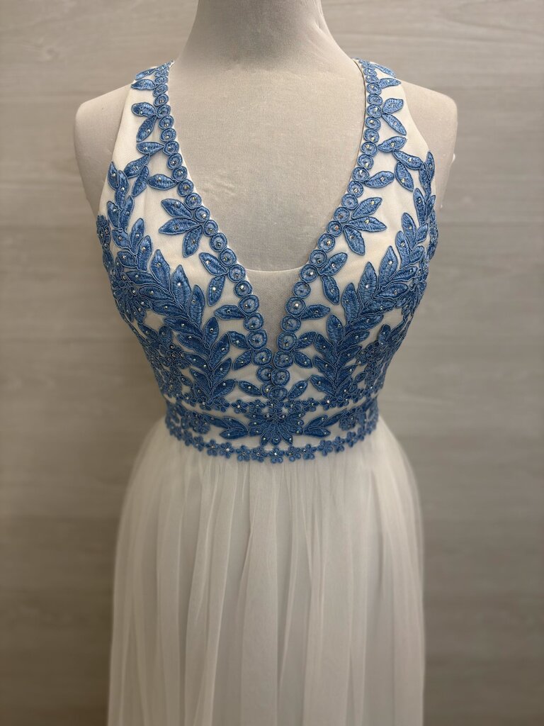 Blondie Nites White/ Blue Lace Top Long Formal Dress 5