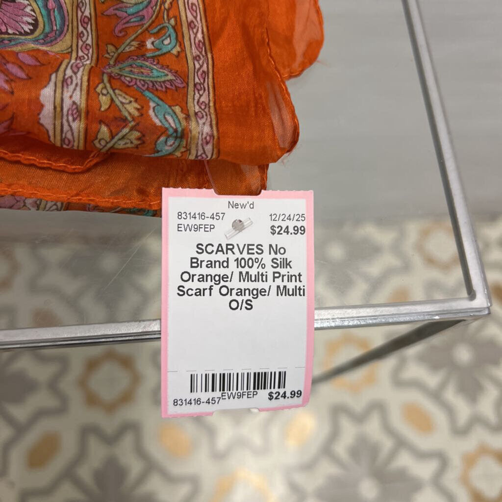 100% Silk Orange/ Multi Print Scarf