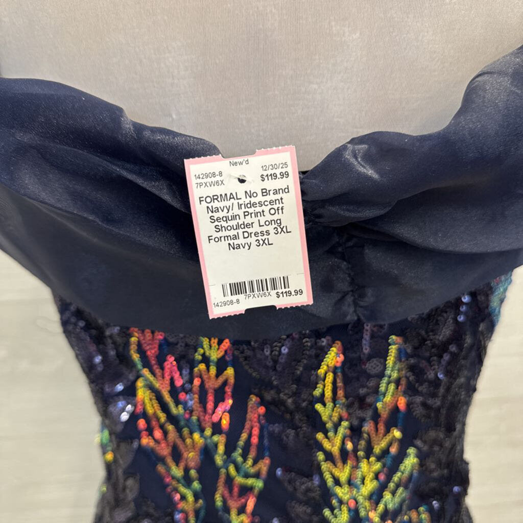 Navy/ Iridescent Sequin Print Off Shoulder Long Formal Dress 3XL
