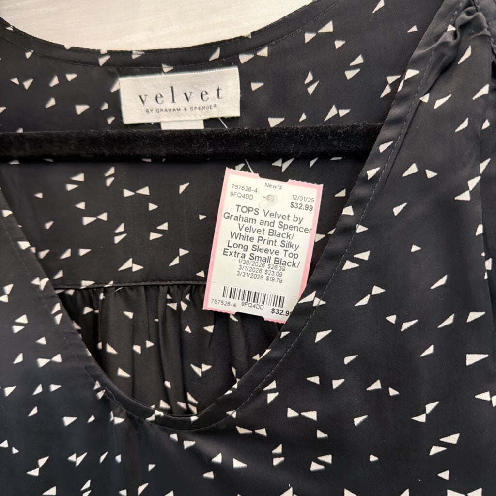 Velvet Black/ White Print Silky Long Sleeve Top Extra Small