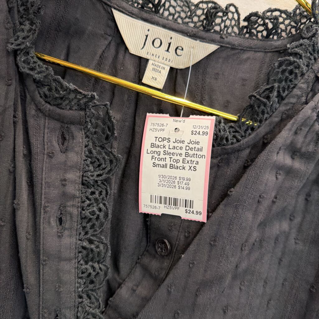Joie Black Lace Detail Long Sleeve Button Front Top Extra Small
