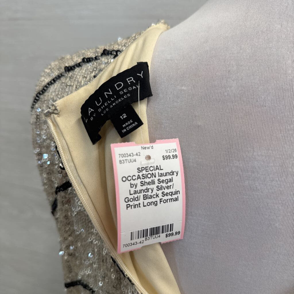 Laundry Silver/ Gold/ Black Sequin Print Long Formal Dress 12