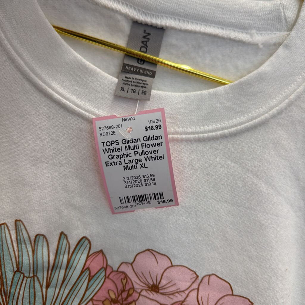 Gildan White/ Multi Flower Graphic Pullover Extra Large