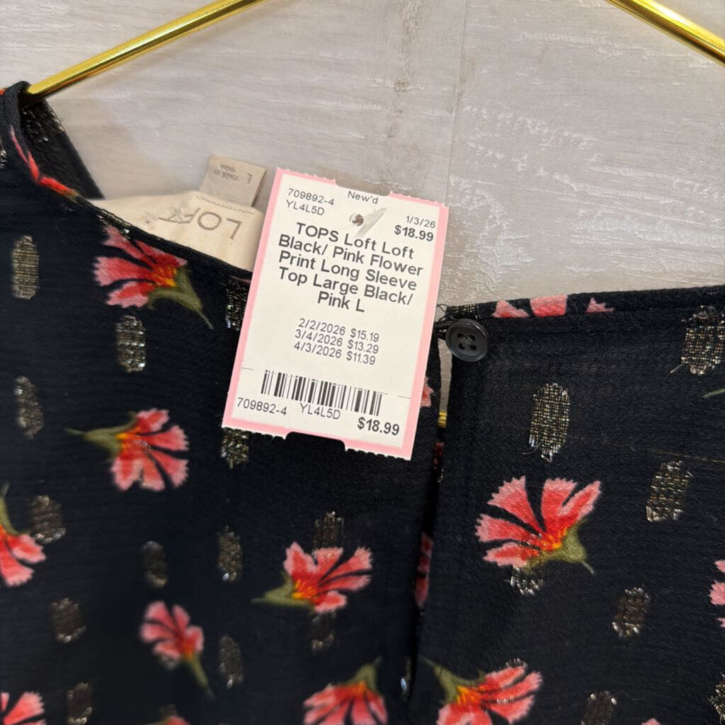 Loft Black/ Pink Flower Print Long Sleeve Top Large