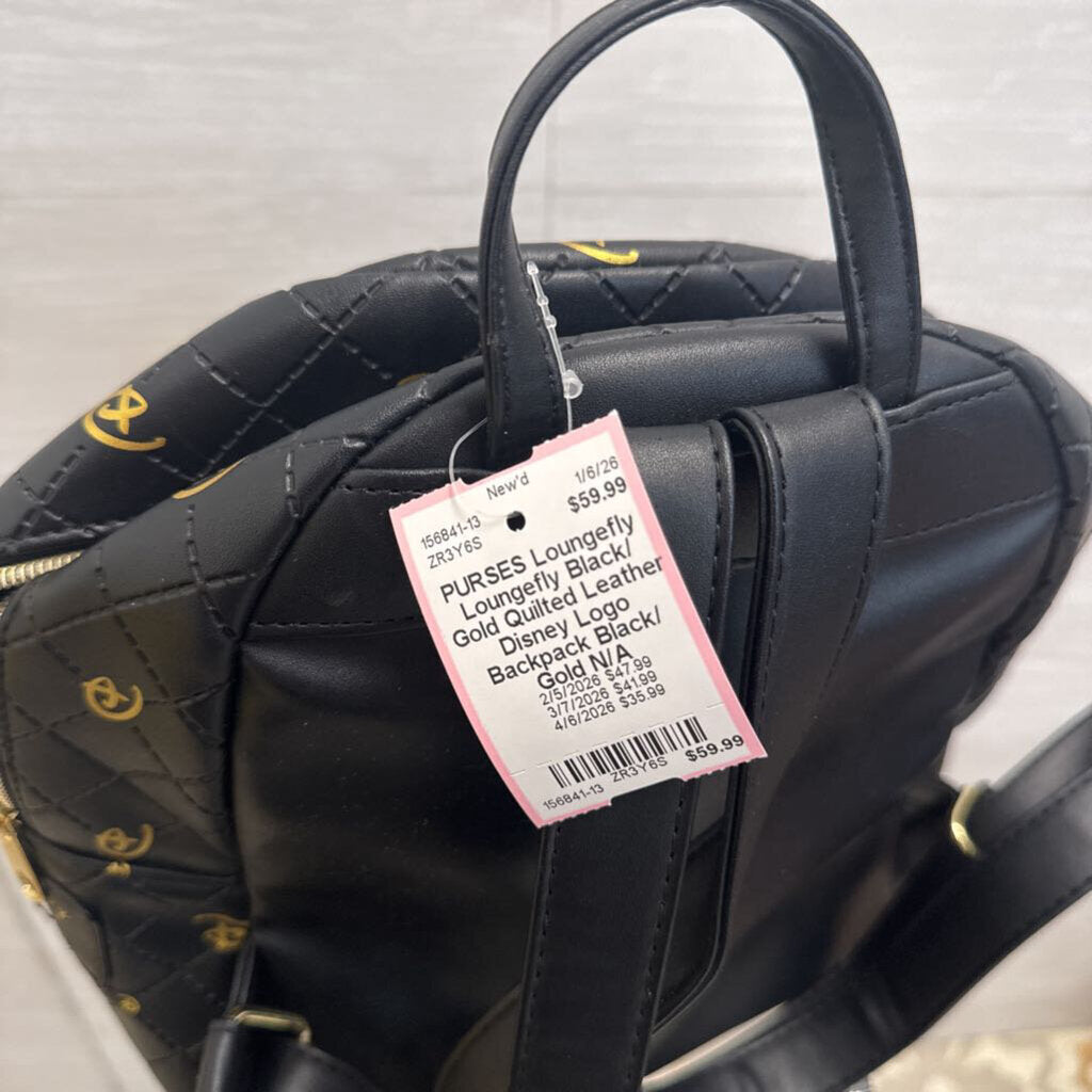 Loungefly Black/ Gold Quilted Leather Disney Logo Backpack