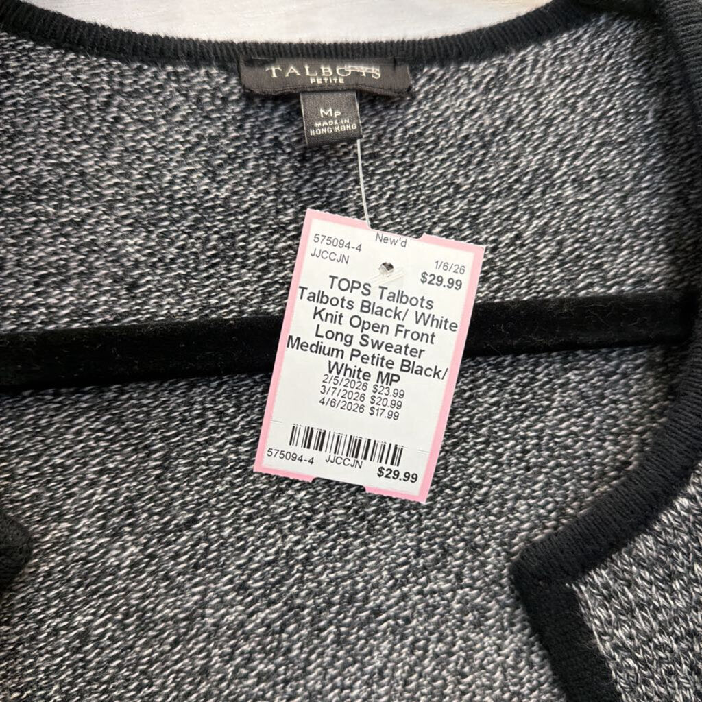 Talbots Black/ White Knit Open Front Long Sweater Medium Petite