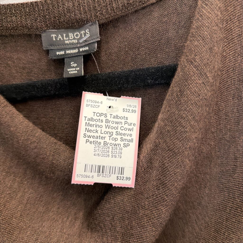 Talbots Brown Pure Merino Wool Cowl Neck Long Sleeve Sweater Top Small Petite
