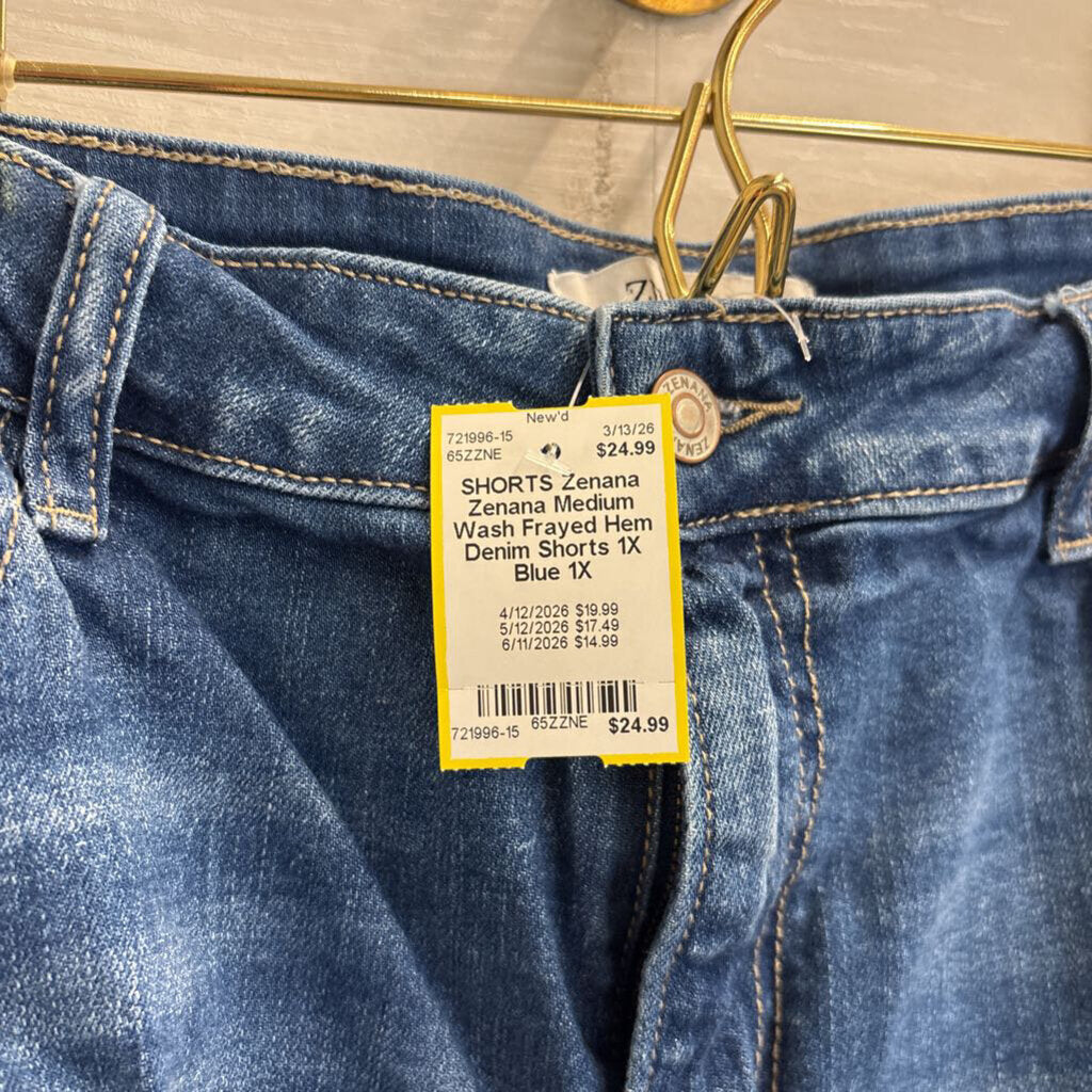 Zenana Medium Wash Frayed Hem Denim Shorts 1X