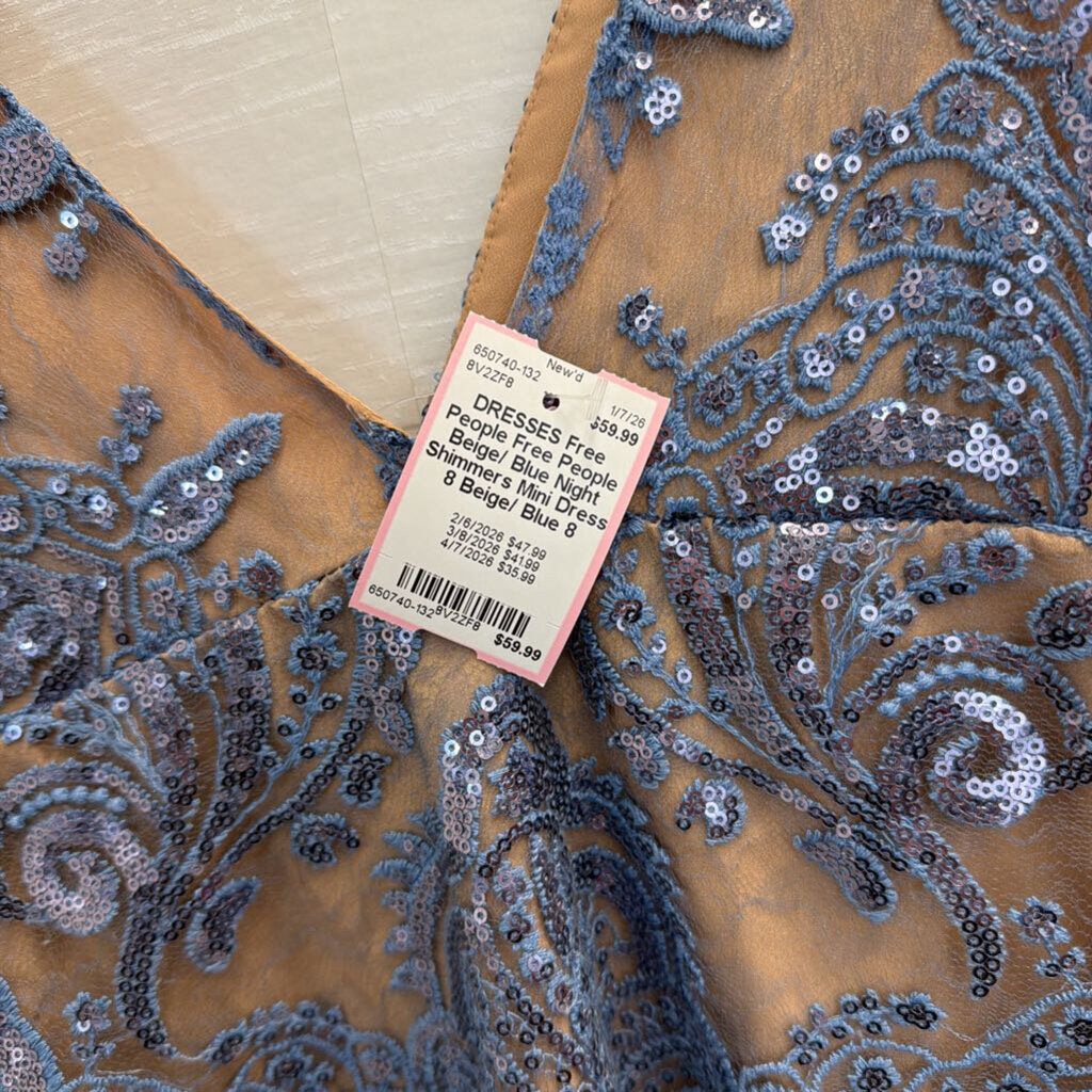 Free People Beige/ Blue Night Shimmers Mini Dress 8
