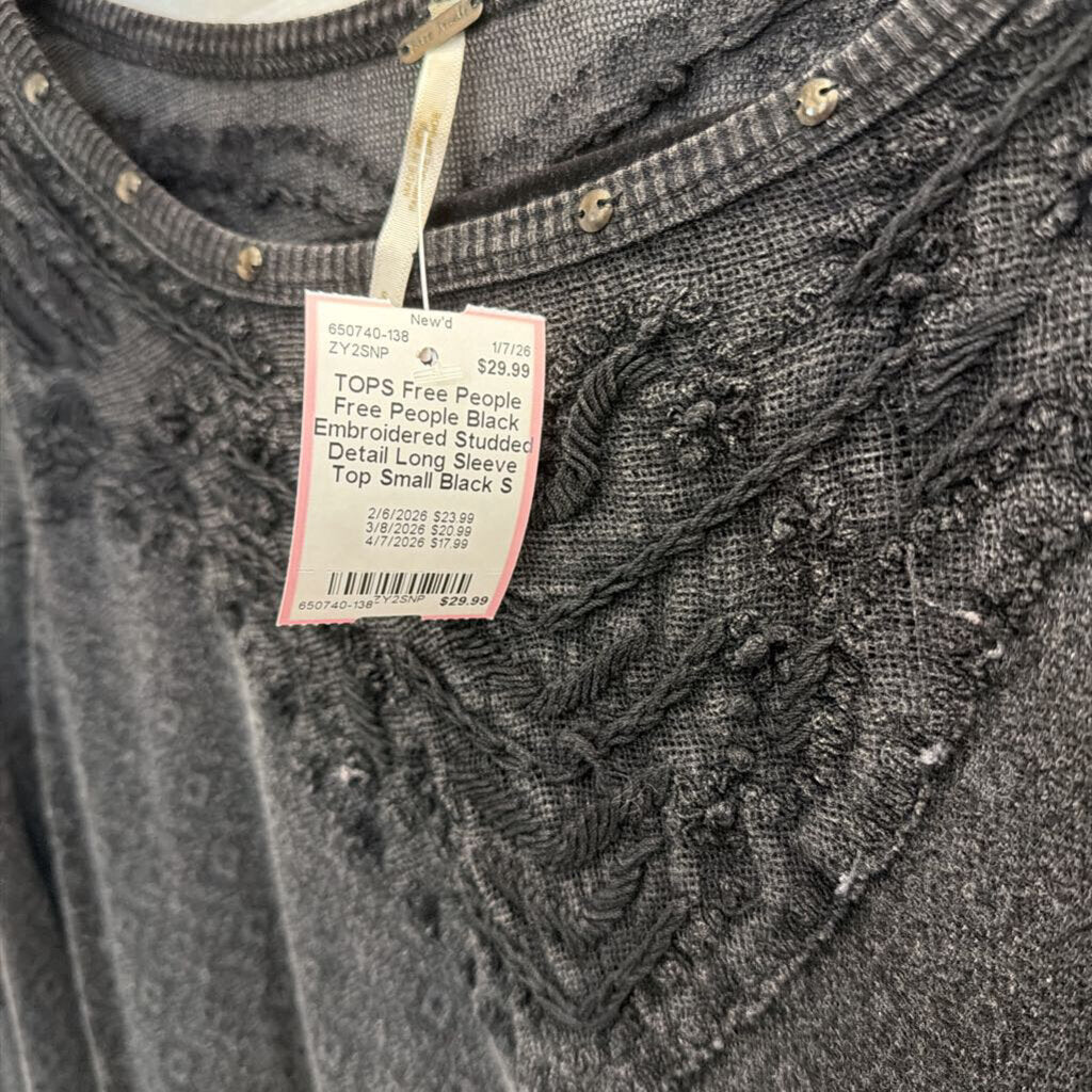 Free People Black Embroidered Studded Detail Long Sleeve Top Small