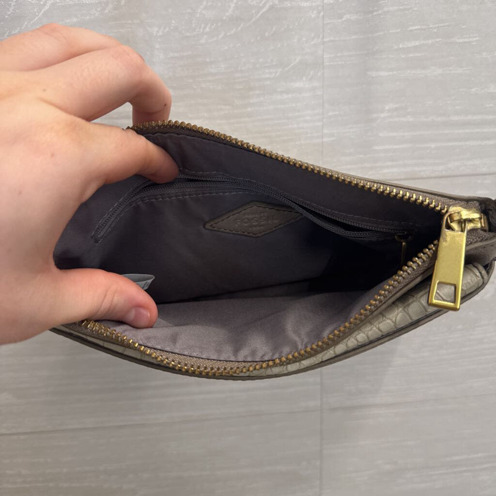 Fossil Grey Crocodile Print Side Detail Devon Crossbody Purse With Matching Wallet