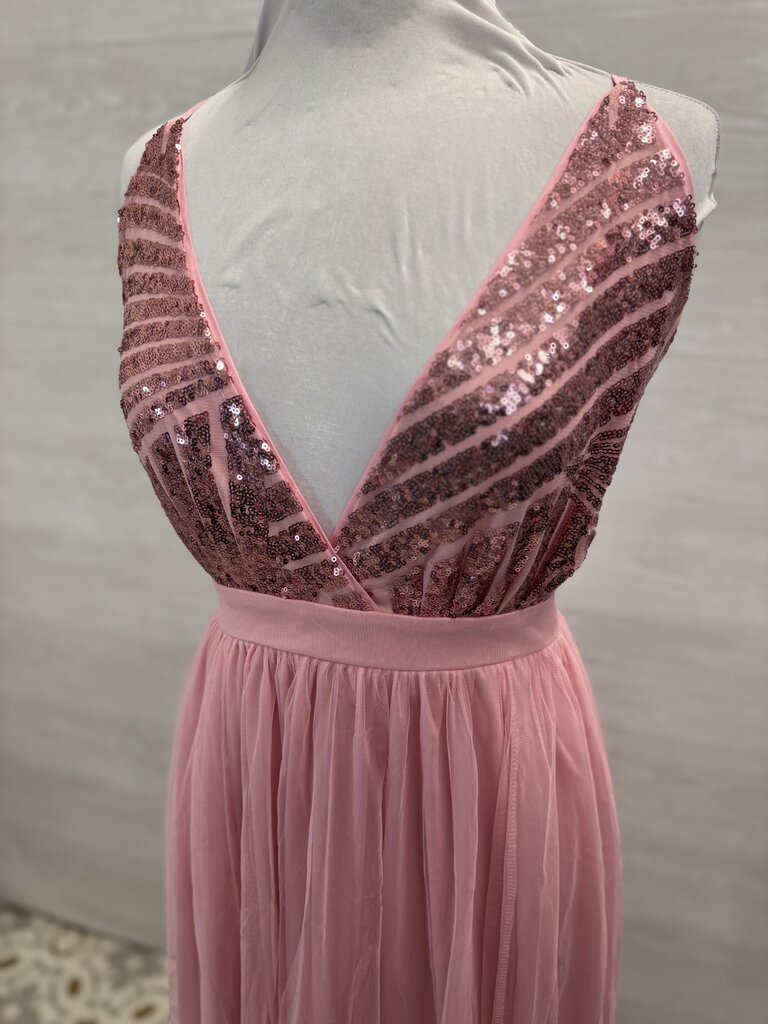 Pink Sequin Top Tulle Skirt Long Formal Dress Large