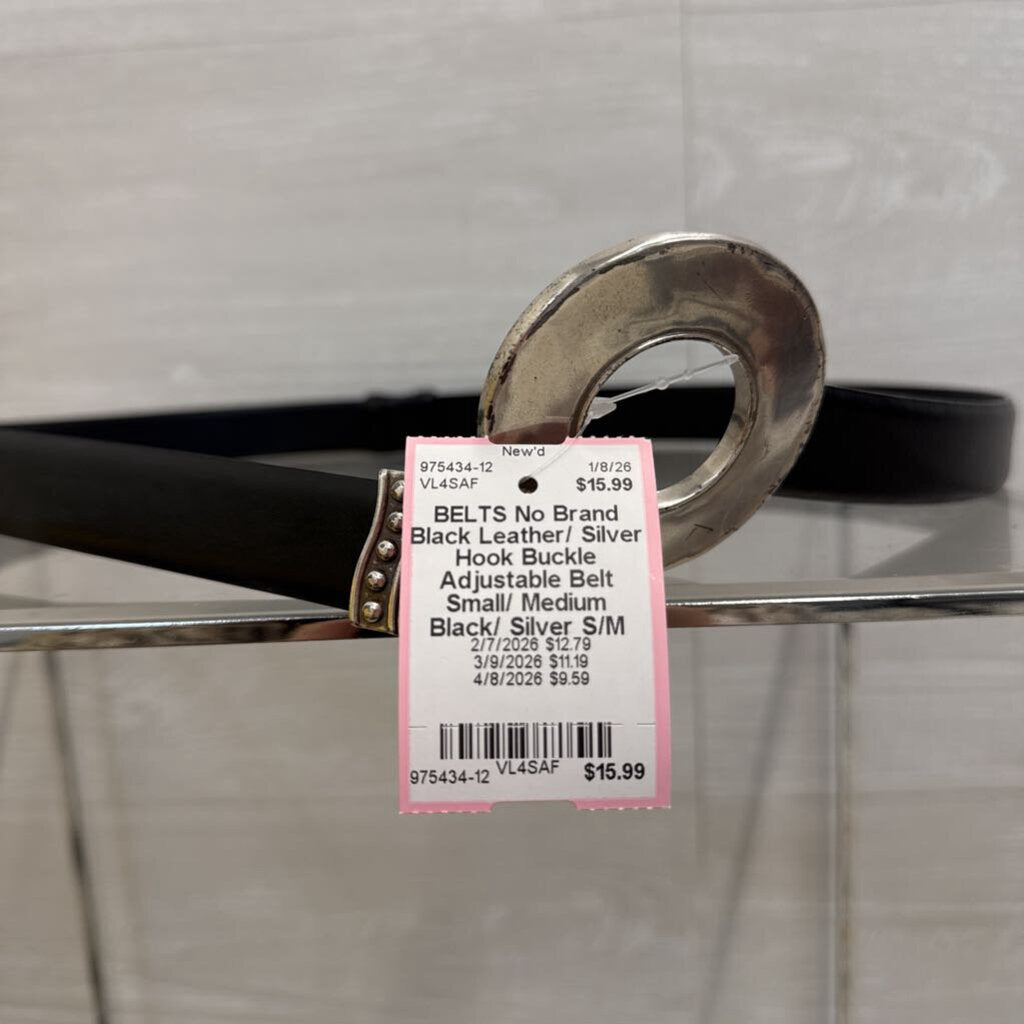 Black Leather/ Silver Hook Buckle Adjustable Belt Small/ Medium