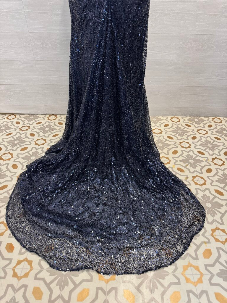 Sherri Hill Navy Sequin Beaded Strapless Long Formal Dress With Detachable Train 16